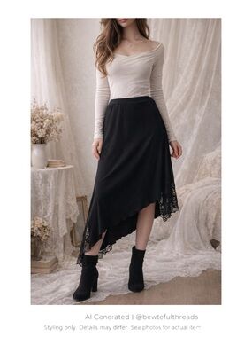 Black Asym Lace Skirt Balletcore Dark Romantic Pull On Stretch M